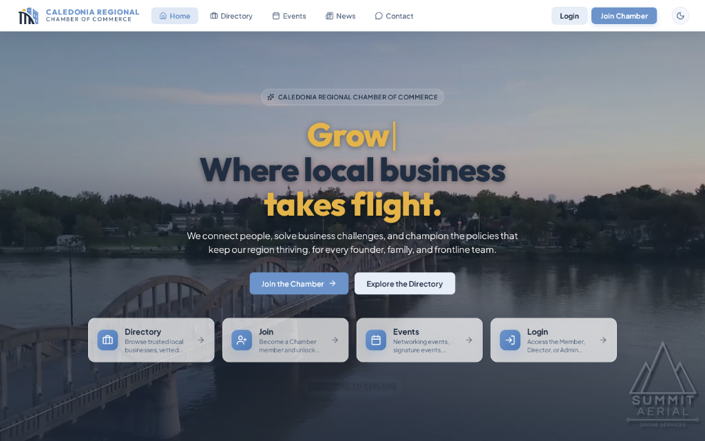The new Caledonia Chamber homepage showing upcoming events