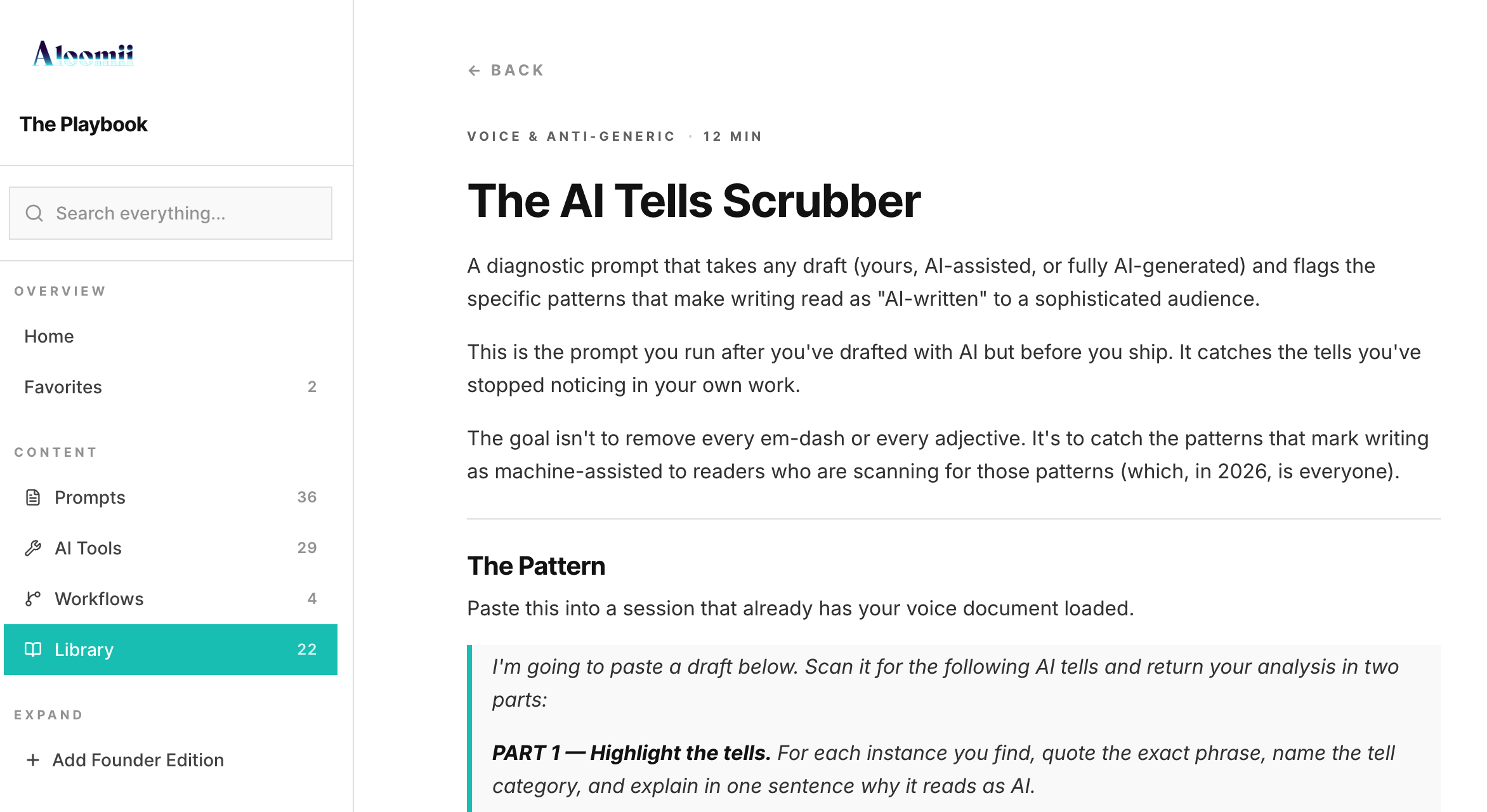 The Aloomii Playbook portal — Library entry showing 'The AI Tells Scrubber' diagnostic prompt for catching AI-written patterns in drafts